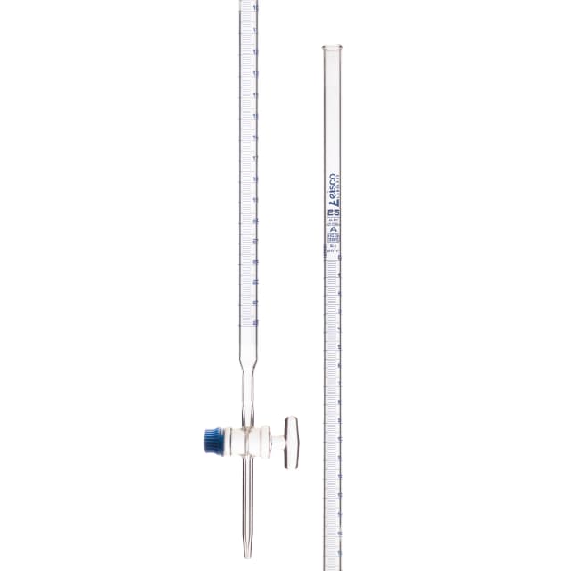Bureta de borosilicato de clase A de 25 ml - Graduaciones de 0,1 ml - Tolerancia de 0,05 ml - Llave de paso de vidrio (lisa) - 22,5" de alto EISCO