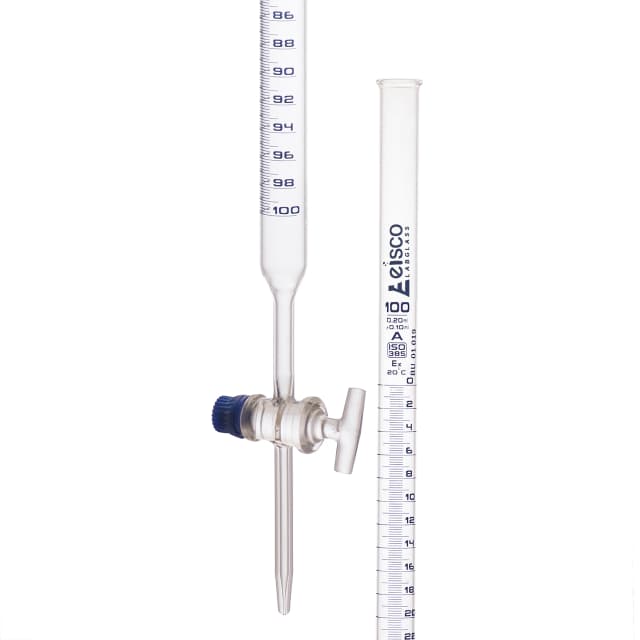 Bureta de 100 ml, clase A, conforme a DIN 385, vidrio de borosilicato con llave de paso de vidrio, graduaciones de 0,2 ml - Eisco Labs