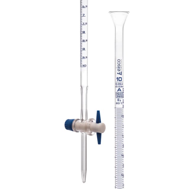 Bureta con llave de paso de PTFE, 10 ml - Clase A - Graduación en azul de subdivisión 0,05 ml - Tolerancia ±0,03 ml - Vidrio de borosilicato - Eisco Labs