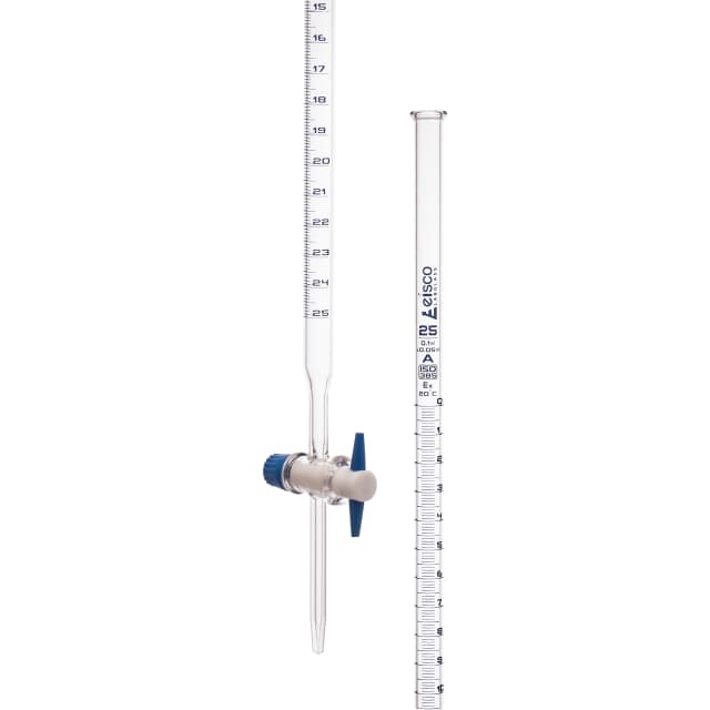 Bureta de borosilicato EISCO, orificio recto, llave de paso de PTFE, 25 ml, clase A, graduación azul