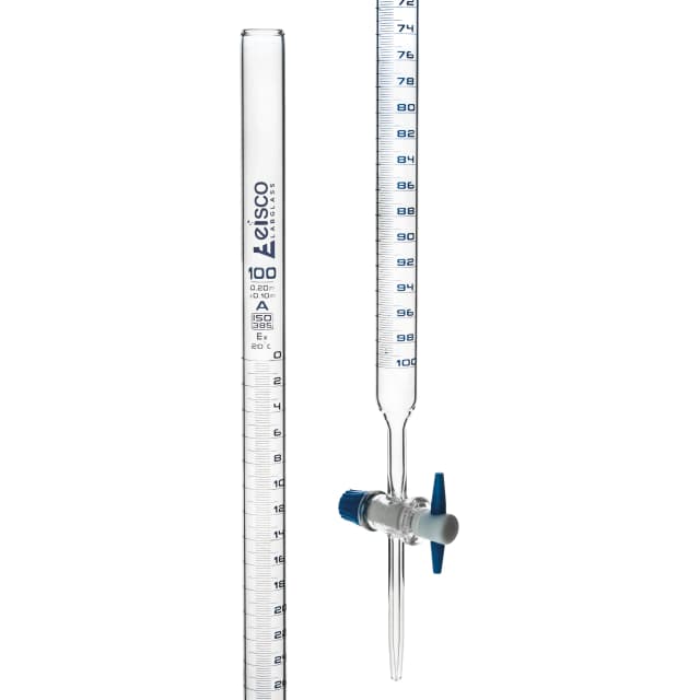 Burettes with straight bore interchangeable PTFE key stopcock, capacity 100ml, Sub. Div. 0.20ml Tolerance ± 0.10ml, class 'A', White Graduation