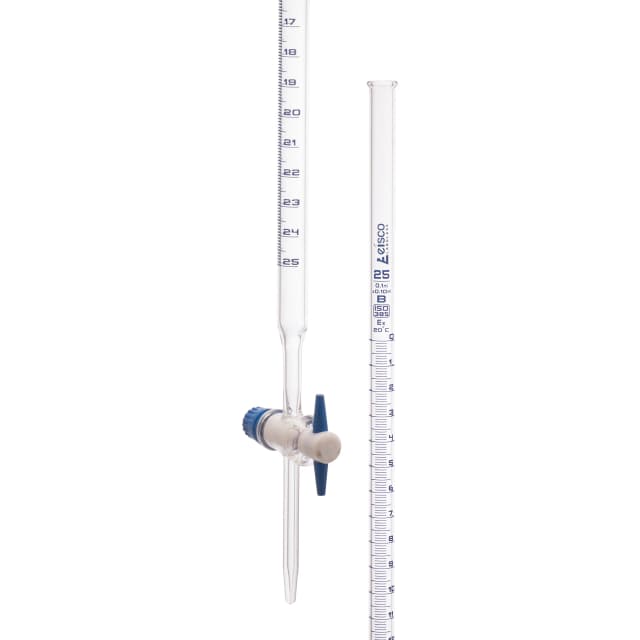 Burettes with straight bore interchangeable PTFE key stopcock, capacity 25ml, Sub. Div. 0.10ml Tolerance ± 0.10ml, class 'B', Blue Graduation