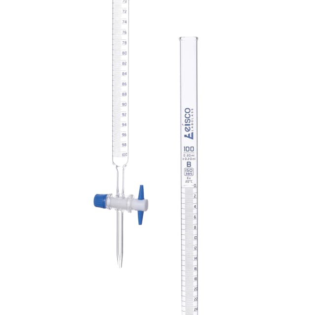 Burettes with straight bore interchangeable PTFE key stopcock, capacity 100ml, Sub. Div. 0.20ml Tolerance ± 0.20ml, class 'B', White Graduation