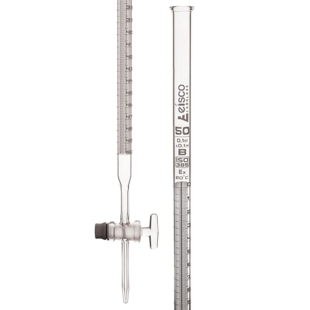 Burettes Schellbach-single bore, glass stopcock, capacity 50ml, Sub. Div. 0.10ml Tolerance ± 0.10ml, class 'B', White Graduation