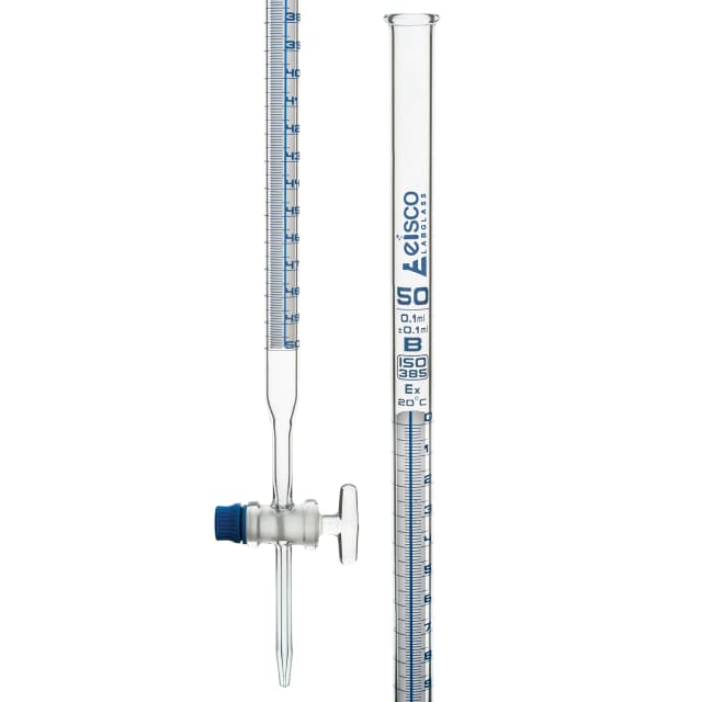 Burettes Schellbach-single bore, glass stopcock, capacity 50ml, Sub. Div. 0.10ml Tolerance ± 0.10ml, class 'B', Blue Graduation