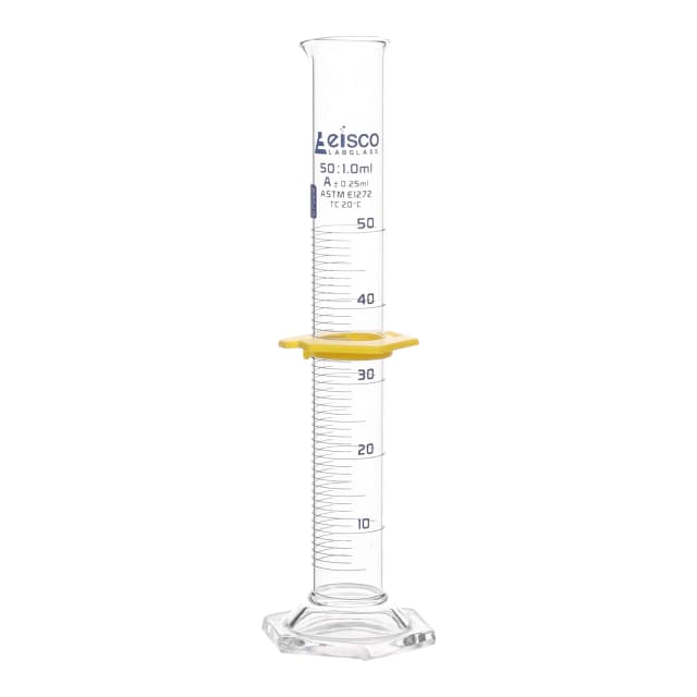 Cylinder Measuring Graduated, cap. 50ml., class 'A', glass hex. base,with protective guard & spout, borosilicate glass, White Graduation. As per ASTM E1272 std.