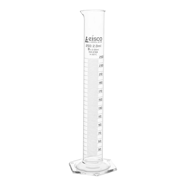 Cylinder Measuring Graduated, cap. 250ml., class 'B', Hex. base with spout, borosilicate glass, White Graduation