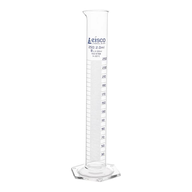 Cylinder Measuring Graduated, cap. 250ml., class 'B', Hex. base with spout, borosilicate glass, Blue Graduation