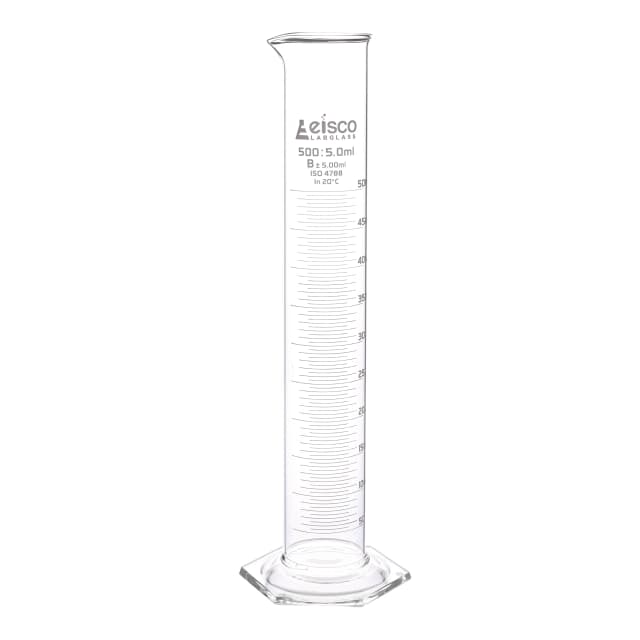 Cylinder Measuring Graduated, cap. 500ml., class 'B', Hex. base with spout, borosilicate glass, Blue Graduation