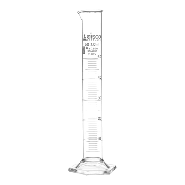 Cylinder Measuring Graduated, cap. 50ml., class 'A', Hex. base with spout, borosilicate glass, White Graduation