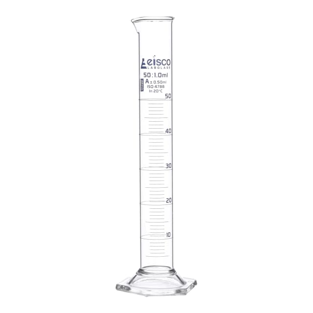 Cylinder Measuring Graduated, cap. 50ml., class 'A', Hex. base with spout, borosilicate glass, Blue Graduation
