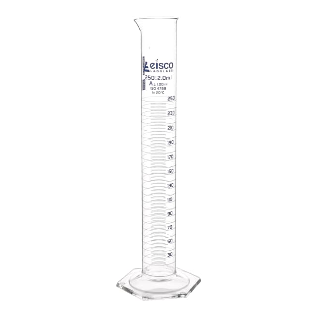 Cylinder Measuring Graduated, cap. 250ml., class 'A', Hex. base with spout, borosilicate glass, Blue Graduation