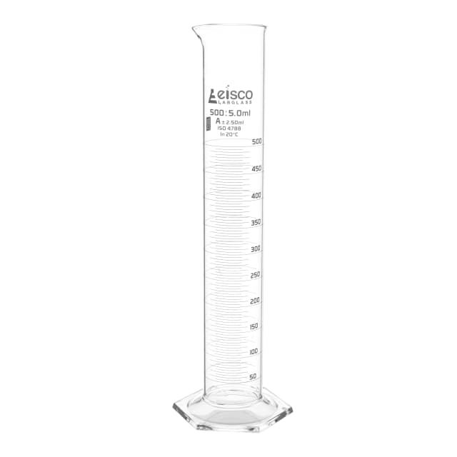Cylinder Measuring Graduated, cap. 500ml., class 'A', Hex. base with spout, borosilicate glass, White Graduation