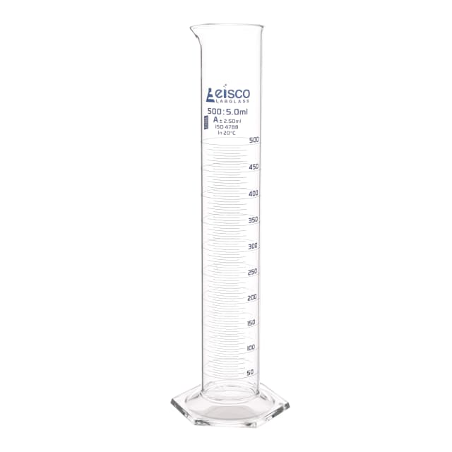 Cylinder Measuring Graduated, cap. 500ml., class 'A', Hex. base with spout, borosilicate glass, Blue Graduation