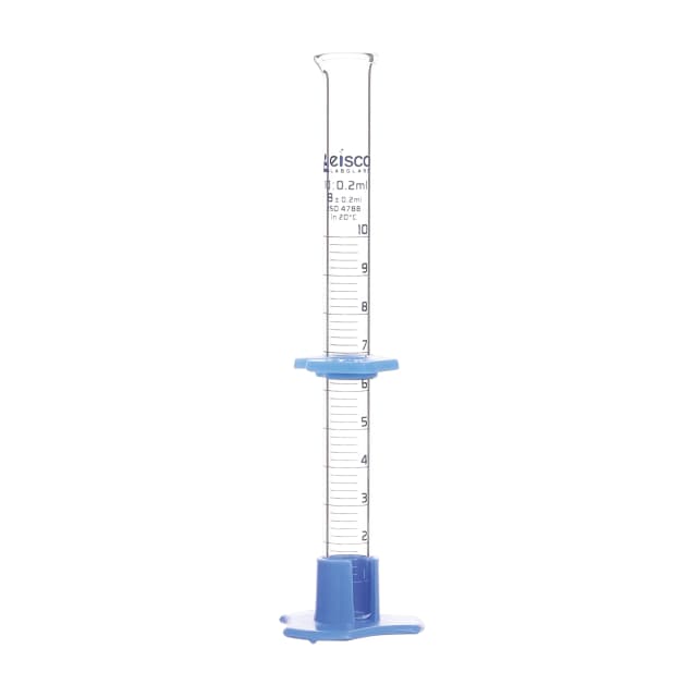 Cylinder Measuring Graduated, cap. 10ml., class 'B', detachable plastic hex. base with spout and protection collar, borosilicate glass, Blue Graduation
