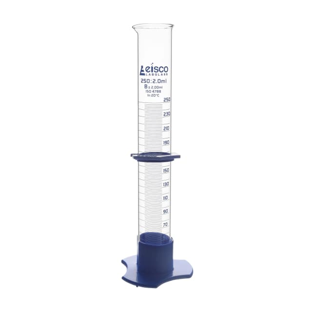Cylinder Measuring Graduated, cap. 250ml., class 'B', detachable plastic hex. base with spout and protection collar, borosilicate glass, Blue Graduation