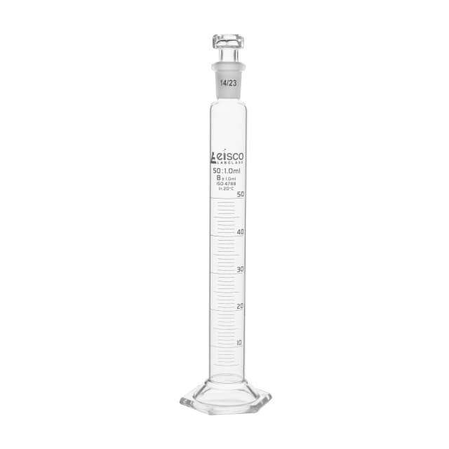 Cylinder Measuring Graduated, cap. 10ml., class 'B', glass hex. base, complete with interchangeable polypropylene stopper, borosilicate glass, White Graduation