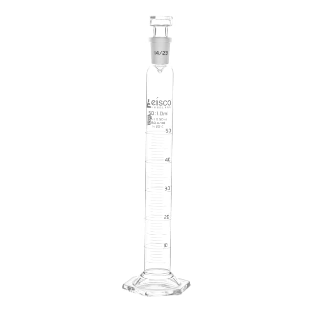 Cylinder Measuring Graduated, cap. 50ml., class 'A', glass hex. base, complete with interchangeable polypropylene stopper, borosilicate glass, White Graduation