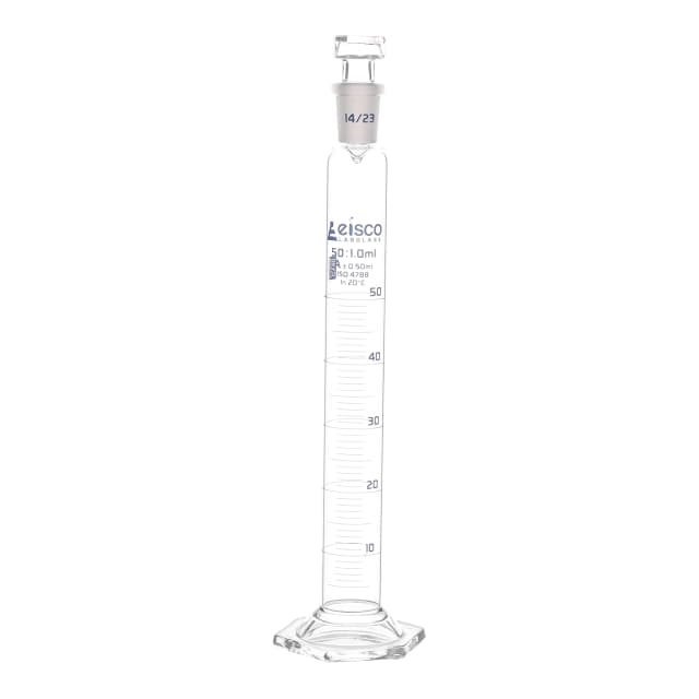Cylinder Measuring Graduated, cap. 50ml., class 'A', glass hex. base, complete with interchangeable polypropylene stopper, borosilicate glass, Blue Graduation