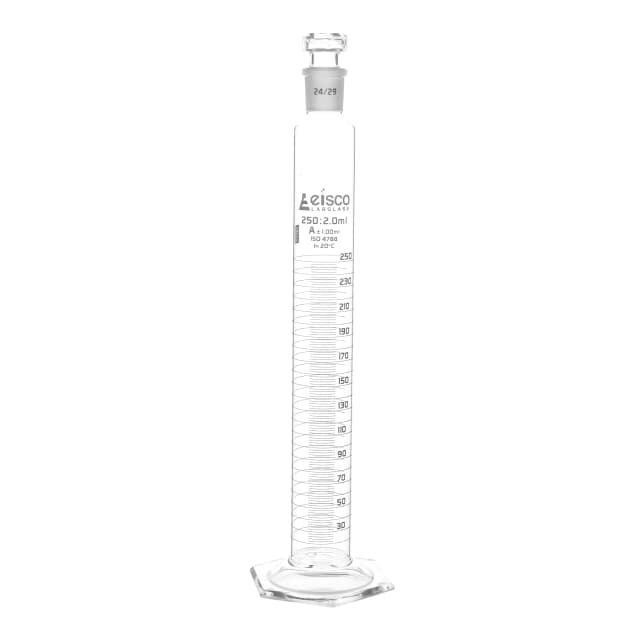 Cylinder Measuring Graduated, cap. 250ml., class 'A', glass hex. base, complete with interchangeable polypropylene stopper, borosilicate glass, White Graduation