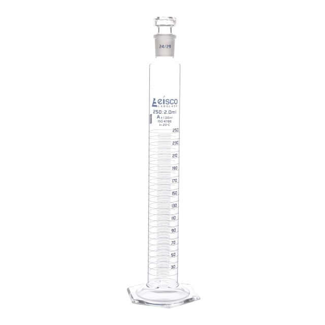 Cylinder Measuring Graduated, cap. 250ml., class 'A', glass hex. base, complete with interchangeable polypropylene stopper, borosilicate glass, Blue Graduation