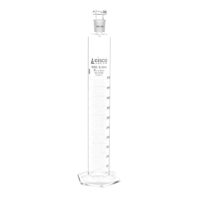Cylinder Measuring Graduated, cap. 500ml., class 'A', glass hex. base, complete with interchangeable polypropylene stopper, borosilicate glass, White Graduation