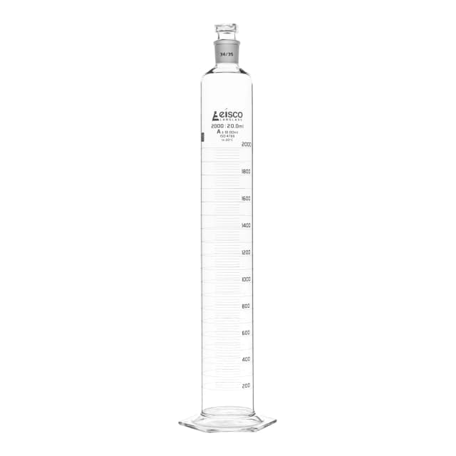 Cylinder Measuring Graduated, cap. 2000ml., class 'A', glass hex. base, complete with interchangeable polypropylene stopper, borosilicate glass, White Graduation