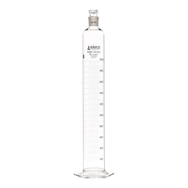 Cylinder Measuring Graduated, cap. 2000ml., class 'A', glass hex. base, complete with interchangeable polypropylene stopper, borosilicate glass, Blue Graduation