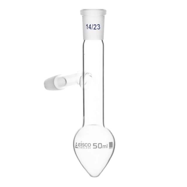 Flask Distilling, 50ml- Pear Shape with short neck & interchangeable joint,side socket 14/23 & center size 14/23,borosilicate glass