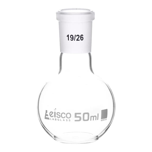 Flask Boiling with joint, flat bottom, short neck, interchangeable joint 50ml, socket size 19/26, borosilicate glass