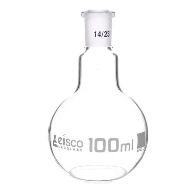 Flask Boiling with joint, flat bottom, short neck, interchangeable joint 100ml, socket size 14/23, borosilicate glass