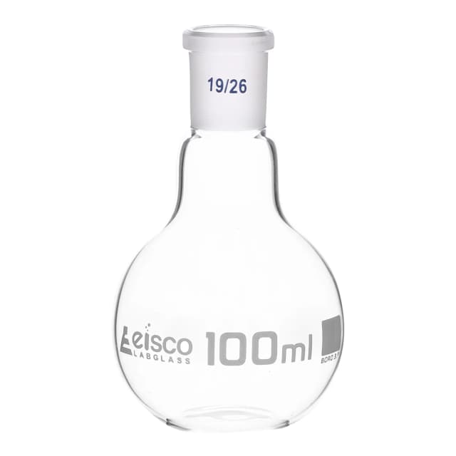 Flask Boiling with joint, flat bottom, short neck, interchangeable joint 100ml, socket size 19/26, borosilicate glass