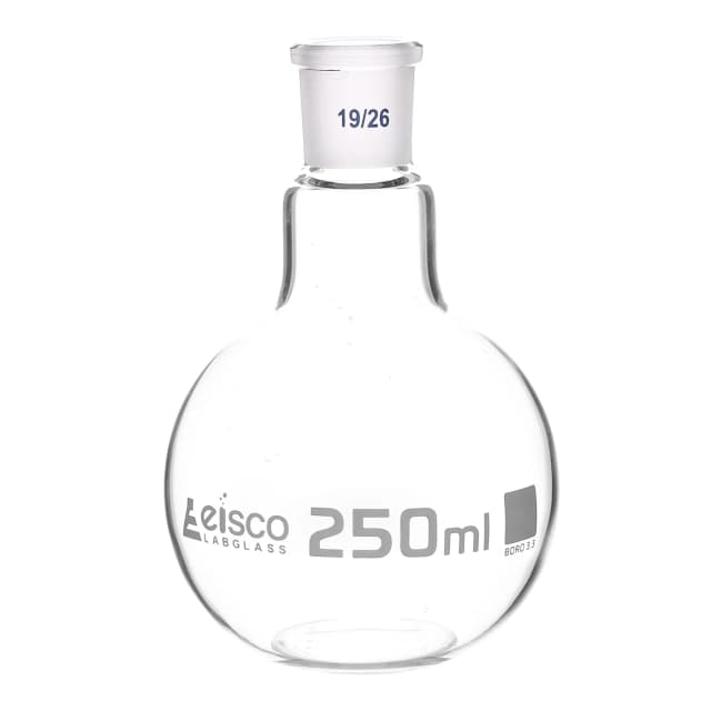 Flask Boiling with joint, flat bottom, short neck, interchangeable joint 250ml, socket size 19/26, borosilicate glass