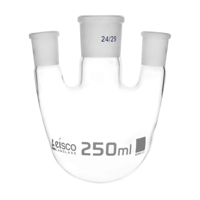 Flask Distilling round bottom, cap. 250ml, borosilicate glass, three neck parallel, centre socket 29/32, side socket 29/32