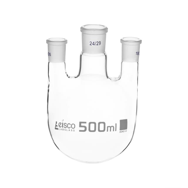 Flask Distilling round bottom, cap. 500ml, borosilicate glass, three neck parallel, centre socket 24/29, side socket 19/26