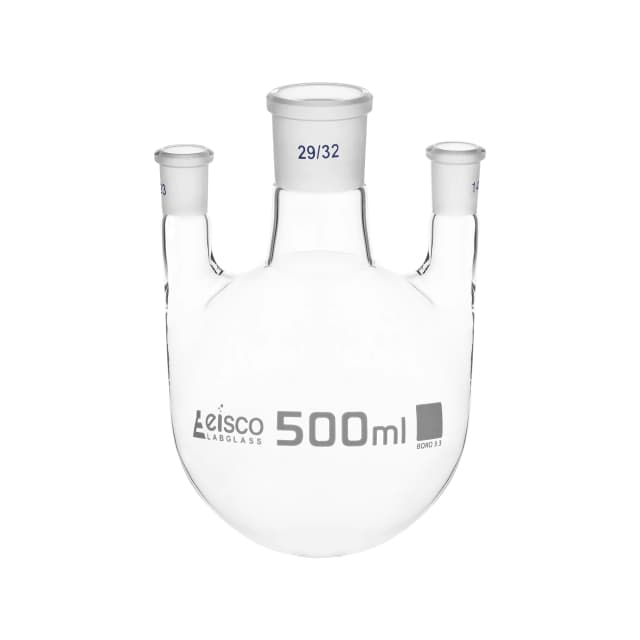 Flask Distilling round bottom, cap. 500ml, borosilicate glass, three neck parallel, centre socket 29/32, side socket 14/23
