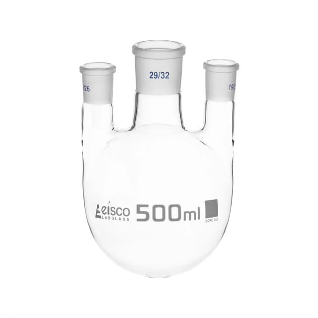 Flask Distilling round bottom, cap. 500ml, borosilicate glass, three neck parallel, centre socket 29/32, side socket 29/32