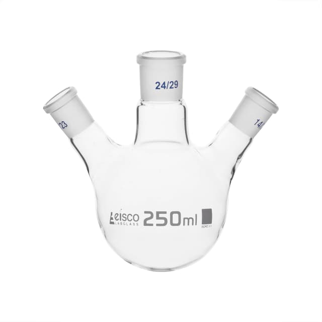 Flask Distilling round bottom, cap. 250ml, borosilicate glass, three neck at angle, centre socket 24/29, side socket 14/23
