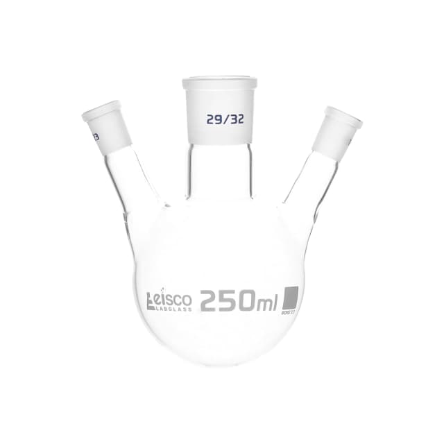 Flask Distilling round bottom, cap. 250ml, borosilicate glass, three neck at angle, centre socket 29/32, side socket 14/23
