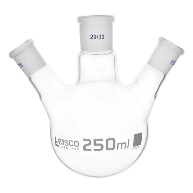 Flask Distilling round bottom, cap. 250ml, borosilicate glass, three neck at angle, centre socket 29/32, side socket 19/26