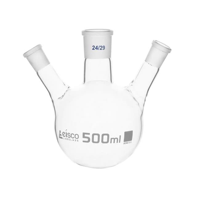 Flask Distilling round bottom, cap. 500ml, borosilicate glass, three neck at angle, centre socket 24/29, side socket 14/23