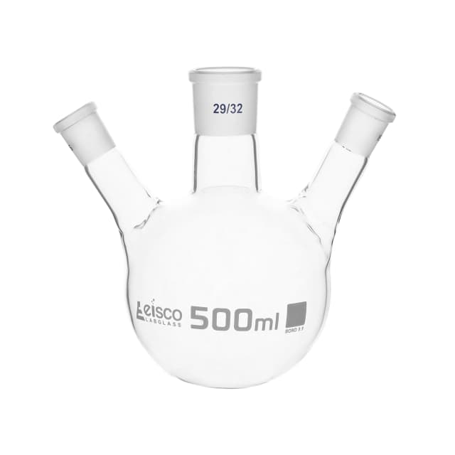 Flask Distilling round bottom, cap. 500ml, borosilicate glass, three neck at angle, centre socket 29/32, side socket 19/26