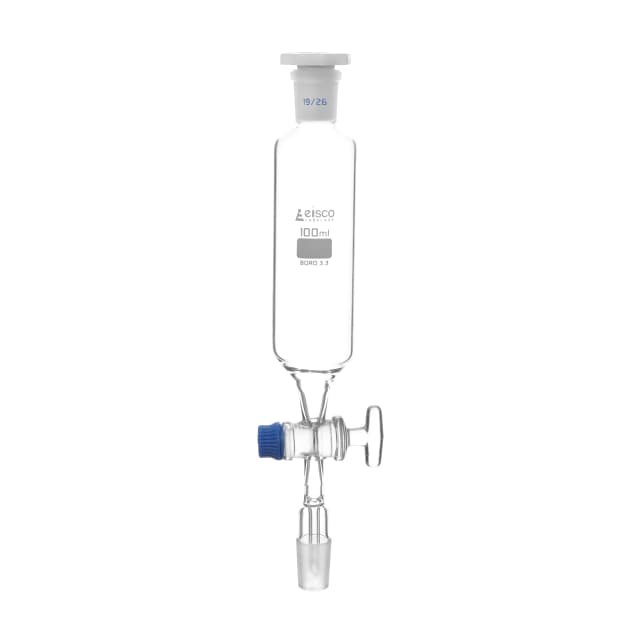 Funnel Dropping - Cylindrical, cap. 50ml, socket size 19/26, borosilicate glass, Un-graduated cylindrical with Glass stopcock & interchangeable plastic stopper