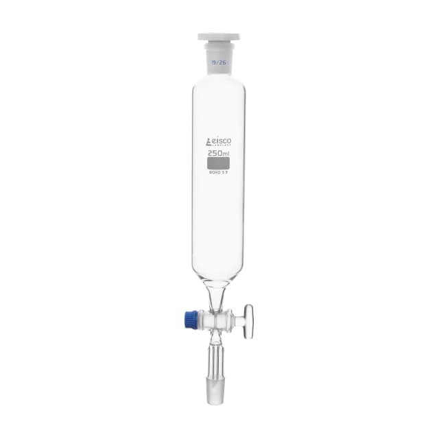 Funnel Dropping - Cylindrical, cap. 50ml, socket size 19/26, borosilicate glass, Un-graduated cylindrical with PTFE Key stopcock & interchangeable plastic stopper