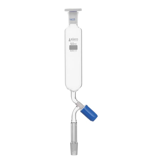Funnel Dropping - Cylindrical, cap. 50ml, socket size 19/26, borosilicate glass, Un-graduated cylindrical with Rotaflow Key stopcock & interchangeable plastic stopper