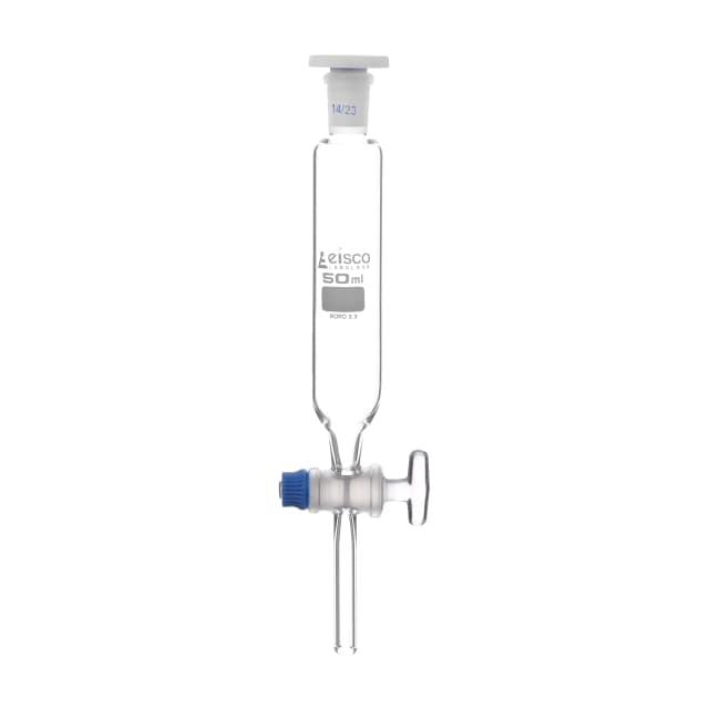 Funnel Dropping - Cylindrical, cap. 50ml, socket size 19/26, borosilicate glass, Un-graduated cylindrical with glass stopcock & interchangeable plastic stopper