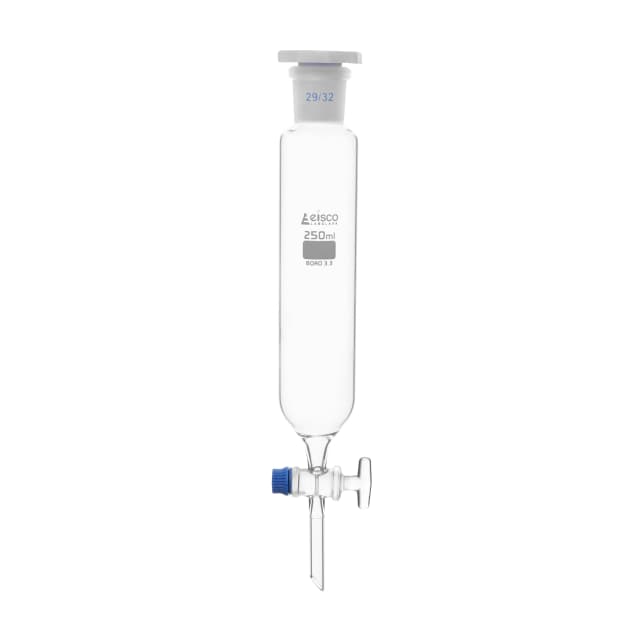 Funnel Dropping - Cylindrical, cap. 250ml, socket size 29/32, borosilicate glass, graduated cylindrical with glass stopcock & interchangeable plastic stopper