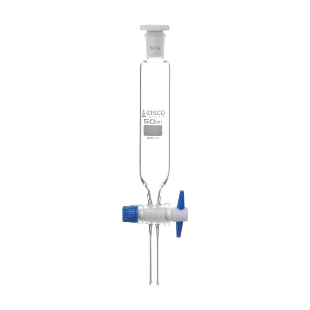 Funnel Dropping - Cylindrical, cap. 50ml, socket size 19/26, borosilicate glass, Un-graduated cylindrical with PTFE stopcock & interchangeable plastic stopper