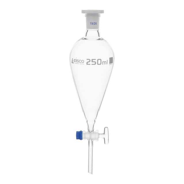 Funnel Separating - Squibb, cap. 250ml, socket size 19/26, borosilicate glass, with interchangeable plastic stopper and glass stopcock, Un-Gradauted