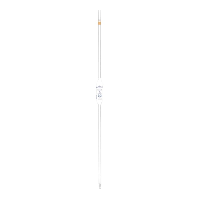 Pipeta con forma de bulbo, 20 ml - Clase A, tolerancia ±0,030 - Dos líneas de graduación - Código de color: amarillo - Vidrio de borosilicato